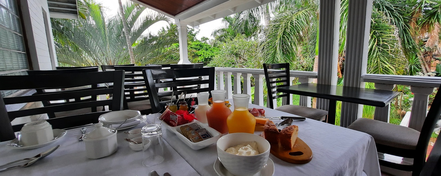 St Lucia Wetlands Guesthouse Bed Breakfast, Fruit, cold meats, cheese, yogurts, juice , cake garden patio.